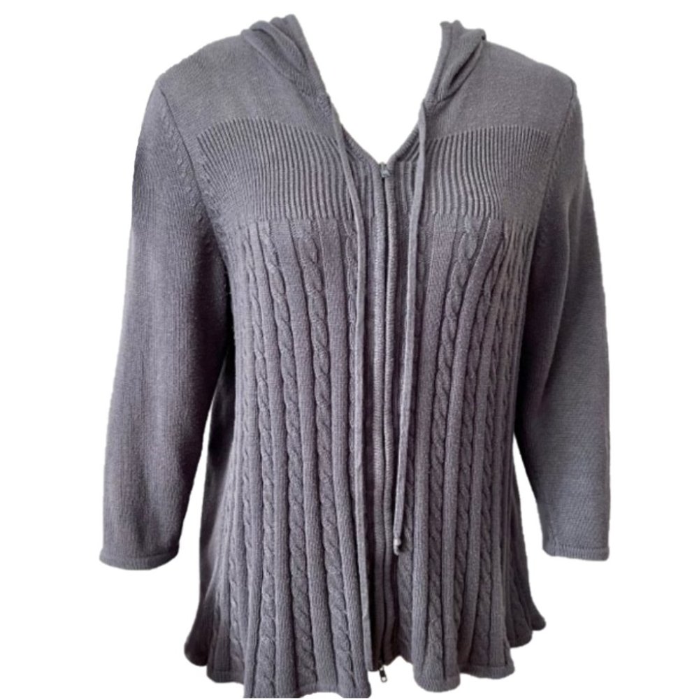 Avenue Gray Cable Knit 3/4 Sleeve Zip Hoodie Sweater (Size 14-16)